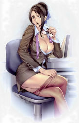 Rule 34 | 1girl, absurdres, ass, black-framed eyewear, black eyes, black hair, book, breasts, brown pantyhose, bursting breasts, business suit, chair, cleavage, clothes pull, collared shirt, crossed legs, desk, door, eyewear in mouth, unworn eyewear, fingernails, formal, from side, glasses, hair bun, hair ribbon, highres, holding, holding removed eyewear, homare (fool&#039;s art), indoors, jacket, jewelry, jpeg artifacts, large breasts, lipstick, long fingernails, long sleeves, makeup, mature female, miniskirt, mole, mole under mouth, mouth hold, nail polish, necklace, no bra, office chair, office lady, original, pantyhose, pantyhose pull, parted lips, pencil skirt, pulling own clothes, ribbon, shirt, short hair, sidelocks, single hair bun, sitting, skirt, skirt suit, solo, suit, swivel chair, teacher, thighs, unbuttoned, undressing, untied, window