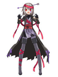 Rule 34 | 1girl, :o, arrow (projectile), arrow in body, arrow in head, black gloves, black jacket, boots, fang, gloves, grey footwear, grey hair, grey thighhighs, hair between eyes, highres, jacket, japanese clothes, kimono, long sleeves, looking at viewer, obi, object through head, open clothes, open jacket, open mouth, original, purple kimono, red eyes, red ribbon, ribbon, sash, simple background, solo, thigh boots, thighhighs, tori (10ri), torn clothes, torn jacket, white background