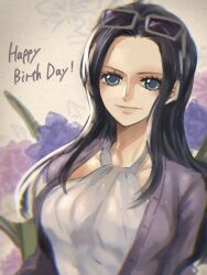 Rule 34 | 1girl, black hair, blue eyes, blurry border, cardigan, commentary, dress, eyelashes, flower, happy birthday, highres, long hair, looking to the side, nico robin, one piece, one piece: stampede, potechi norisio, purple cardigan, sidelocks, smile, solo, upper body
