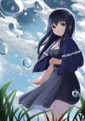Rule 34 | 1girl, absurdres, arm at side, black hair, black shirt, blue capelet, blush, bone hair ornament, capelet, clenched hands, closed mouth, cloud, cloudy sky, commentary request, cowboy shot, day, expressionless, eyelashes, floating clothes, frilled capelet, frilled shirt, frills, grass, hair between eyes, hair ornament, hand up, highres, kushima kamome, long hair, outdoors, shirt, sidelocks, skull and crossbones, skull hair ornament, sky, solo, soranishi hiro, standing, straight hair, summer pockets, water drop, yellow eyes