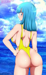 Rule 34 | 1girl, absurdres, artist name, ass, bare shoulders, beach, blue hair, blue sky, breasts, cleavage, clenched hands, curvy, dragon ball, dragonball z, hand on own hip, happy, highleg, highleg swimsuit, highres, hime cut, huge ass, iharuluna, large breasts, long hair, looking at viewer, looking back, maron (dragon ball), ocean, one-piece swimsuit, open mouth, shiny skin, skindentation, sky, smile, solo, standing, swimsuit, thighs, water, wide hips, yellow one-piece swimsuit
