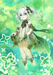 Rule 34 | 1girl, :d, bloomers, bracelet, cape, clothes lift, commentary request, detached sleeves, dress, dress lift, full body, genshin impact, gradient hair, green eyes, hair between eyes, hair ornament, highres, hitsujike (hamsterhouse), jewelry, lifting own clothes, long hair, looking at viewer, multicolored hair, nahida (genshin impact), open mouth, pointy ears, short sleeves, side ponytail, sidelocks, smile, solo, stirrup legwear, symbol-shaped pupils, toeless legwear, toes, underwear, white dress, white hair