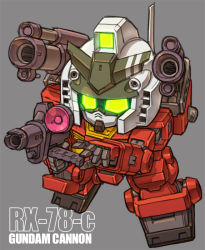 Rule 34 | beam rifle, character name, chibi, energy gun, fusion, glowing, glowing eyes, grey background, gun, guncannon, gundam, holding, holding gun, holding weapon, mecha, mobile suit, mobile suit gundam, no humans, open hand, robot, rx-78-2, science fiction, solo, susagane, weapon