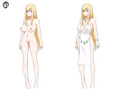 Rule 34 | 1girl, barefoot, blonde hair, breasts, character sheet, closed mouth, collarbone, completely nude, dress, elf, female pubic hair, full body, green eyes, hall onon, jewelry, large breasts, long hair, long legs, looking at viewer, maria (hall onon), navel, necklace, nude, original, pigeon-toed, pointy ears, pubic hair, smile, solo, standing, swept bangs, white background, white dress