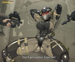 Rule 34 | 1girl, abs, absurdres, against wall, aiming, ak-12, ak-47, arms behind head, assault rifle, at gunpoint, bodysuit, breasts, bullpup, captured, chaps, commentary, covered abs, defiant, english commentary, english text, female soldier, frogs (metal gear), frogs (mgs), glowing, glowing eyes, gluteal fold, gun, haven trooper, health bar, helmet, highres, impossible bodysuit, impossible clothes, kalashnikov rifle, large breasts, metal gear (series), metal gear solid 4: guns of the patriots, muscular, muscular female, nisetanaka, p90, paid reward available, personal defense weapon, rifle, skin tight, solo focus, spread legs, squatting, submachine gun, subtitled, thick thighs, thighs, weapon, you gonna get raped
