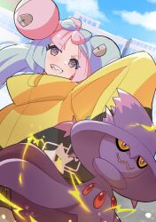 Rule 34 | 1girl, blue hair, blue sky, bow-shaped hair, building, character hair ornament, cloud, creatures (company), eyelashes, game freak, gen 4 pokemon, hair ornament, iono (pokemon), jacket, long hair, long sleeves, mismagius, mizuiro123, nintendo, oversized clothes, pink hair, pokemon, pokemon (creature), pokemon sv, sky, sleeves past fingers, sleeves past wrists, smile, teeth, wide sleeves, yellow jacket