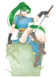 Rule 34 | 1girl, bad id, bad pixiv id, boots, brown footwear, earrings, fingerless gloves, fire emblem, fire emblem: the blazing blade, full body, gloves, green eyes, green hair, high ponytail, jewelry, katana, knee boots, long hair, lyn (fire emblem), matching hair/eyes, nintendo, pelvic curtain, ponytail, renka (1680892), simple background, sitting, solo, sword, very long hair, weapon, white background