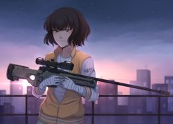 Rule 34 | 1girl, ai arctic warfare, bandages, bandaged arm, bolt action, brown hair, dog tags, green eyes, gun, holding, holding gun, holding weapon, jacket, letterman jacket, looking at viewer, mole, mole under eye, original, reiji-rj, rifle, short hair, sky, sniper rifle, solo, star (sky), starry sky, weapon