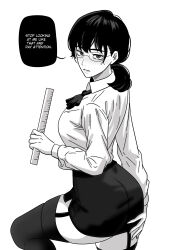 Rule 34 | 1girl, absurdres, ass, black hair, blush, breasts, chainsaw man, collared shirt, english text, garter straps, glasses, gratam, greyscale, hand on own ass, highres, holding ruler, long hair, long sleeves, looking at viewer, looking back, miniskirt, mitaka asa, monochrome, parted lips, ponytail, ruler, shirt, simple background, sketch, skirt, solo, spanish commentary, speech bubble, thighhighs, thighs, white background, white shirt