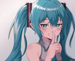 Rule 34 | 1girl, aqua eyes, blue hair, finger to mouth, grin, hatsune miku, highres, kumada gaon, long hair, looking at viewer, shushing, simple background, sleeveless, smile, solo, twintails, upper body, vocaloid