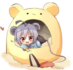 Rule 34 | 1girl, :3, ahoge, animal ears, blush, capelet, dress, female focus, grey dress, grey hair, heart, mini person, minigirl, mouse ears, mouse tail, nazrin, open mouth, seed, short hair, smile, solo, sunflower seed, tail, tosura-ayato, touhou
