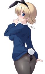 Rule 34 | 1girl, animal ears, artist name, ass, black panties, black pantyhose, blonde hair, blue eyes, blush, braid, breasts, chinese zodiac, closed mouth, darjeeling (girls und panzer), dated, fake animal ears, fake tail, french braid, girls und panzer, highres, kuzuryuu kennosuke, large breasts, looking at viewer, panties, panties under pantyhose, pantyhose, rabbit ears, rabbit tail, school uniform, signature, simple background, smile, solo, st. gloriana&#039;s school uniform, tail, thighs, underwear, white background, year of the rabbit