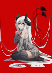 Rule 34 | 1girl, absurdres, bare shoulders, black straps, black thighhighs, blue eyes, breasts, bright pupils, chinese commentary, commentary request, demon girl, demon horns, demon tail, fang, floating hair, grey sweater, hair between eyes, hair spread out, hand up, highres, horns, huge horns, huizhiyin, index finger raised, large breasts, leaning forward, long hair, looking at viewer, multiple tails, off-shoulder sweater, off shoulder, open mouth, original, pale skin, pointy ears, red background, sitting, skin fang, skindentation, sweater, tail, thick thighs, thighhighs, thighs, very long hair, wariza, white hair, white pupils, zettai ryouiki