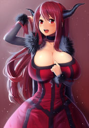 Rule 34 | 10s, 1girl, adjusting hair, arm up, breasts, choker, cleavage, cleavage reach, demon girl, dress, horns, huge breasts, large breasts, long hair, looking at viewer, magister, maou (maoyuu), maoyuu maou yuusha, open mouth, red eyes, red hair, revision, smile, solo, very long hair