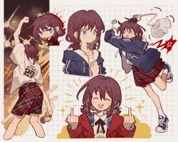 Rule 34 | 1girl, ^ ^, anger vein, arm up, attack, blue eyes, blue jacket, brown hair, closed eyes, coat, collared shirt, double middle finger, dress shirt, full body, girls band cry, highres, holding, holding microphone, hood, hooded coat, hooded jacket, iseri nina, jacket, kneepits, low twintails, microphone, middle finger, multiple views, open clothes, open coat, oversized clothes, oversized shirt, plaid, plaid skirt, pleated skirt, raised fist, red coat, shirt, shoes, short twintails, siyer (siyeyeyeyer), skirt, sneakers, socks, spoken anger vein, t-shirt, twintails, upper body, white shirt, white socks