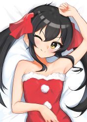 Rule 34 | 1girl, absurdres, arm up, bare shoulders, black hair, blush, commentary request, dress, fur-trimmed dress, fur trim, hair ribbon, highres, idolmaster, idolmaster cinderella girls, long hair, looking at viewer, lying, matoba risa, nyubebe, on back, one eye closed, red dress, red ribbon, ribbon, santa dress, smile, solo, strapless, strapless dress, twintails, upper body, yellow eyes