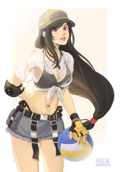 Rule 34 | 1girl, arm behind back, artist name, ball, baseball cap, beach volleyball, bikini, bikini under clothes, black bikini, black gloves, black hair, black hat, breasts, elbow pads, felia hanakata, final fantasy, final fantasy vii, final fantasy vii ever crisis, fingerless gloves, frayed skirt, gloves, grey skirt, hat, highres, holding, holding ball, large breasts, lips, long hair, looking at viewer, low-tied long hair, miniskirt, navel, official alternate costume, parted lips, red eyes, see-through, see-through shirt, shirt, short sleeves, side-tie bikini bottom, simple background, single elbow pad, skirt, smile, solo, swimsuit, tied shirt, tifa lockhart, tifa lockhart (lifeguard), two-tone gloves, two-tone headwear, wet, wet clothes, wet shirt, whale tail (clothing), whistle, whistle around neck, white shirt, yellow gloves, yellow hat