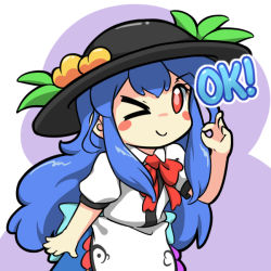 Rule 34 | 1girl, black hat, blouse, blue hair, bow, bowtie, chibi, food, fruit, hat, hinanawi tenshi, long hair, ok sign, peach, puffy short sleeves, puffy sleeves, rakkidei, red bow, red bowtie, red eyes, shirt, short sleeves, skirt, solo, touhou