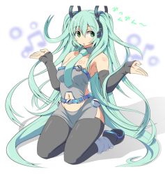 Rule 34 | 1girl, aqua hair, arched back, detached sleeves, female focus, full body, green eyes, hatsune miku, headphones, headset, hip focus, kara age, kneeling, long hair, navel, skirt, solo, thighhighs, twintails, very long hair, vocaloid, white background