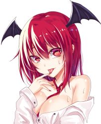 Rule 34 | 1girl, :p, bare shoulders, between breasts, blush, breasts, cleavage, collarbone, commentary request, demon wings, finger to tongue, hair between eyes, hand up, head tilt, head wings, highres, koakuma, koissa, large breasts, long hair, long sleeves, looking at viewer, mole, mole under eye, nail polish, necktie, necktie between breasts, off shoulder, one-hour drawing challenge, red eyes, red hair, red nails, red necktie, shiny skin, shirt, simple background, single sidelock, smile, solo, sweat, tongue, tongue out, touhou, upper body, white background, white shirt, wings