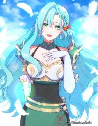 Rule 34 | 1girl, armor, armored dress, blue hair, blue sky, breastplate, breasts, chloe (fire emblem), cloud, commentary, detached collar, dfhnokenbutu, dress, earrings, elbow gloves, feathers, fire emblem, fire emblem engage, gloves, green dress, green eyes, hand on own chest, highres, jewelry, long hair, looking at viewer, medium breasts, nintendo, shoulder armor, sky, solo, twitter username, very long hair, white gloves