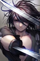 Rule 34 | 1boy, arm blade, black hair, closed mouth, dororo (tezuka), dual wielding, highres, holding, hyakkimaru (dororo), japanese clothes, long hair, maeba izumi, male focus, ponytail, red eyes, simple background, solo, sword, weapon