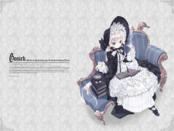 Rule 34 | 1girl, artist name, blonde hair, bonnet, book, candy, copyright name, couch, eating, food, frills, gathers, gosick, hat, holding, holding smoking pipe, lace, lolita fashion, long hair, macaron, official art, official wallpaper, pastry, ribbon, sitting, smoking, smoking pipe, solo, striped, striped upholstery, takeda hinata, victorian, victorica de blois, wallpaper