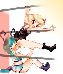 Rule 34 | 2girls, antennae, ass, blonde hair, blush, boots, dei shirou, face in ass, female focus, green eyes, hip attack, knee pads, multiple girls, red eyes, rumia, shoot the bullet, short hair, sweat, tears, touhou, wrestling, wriggle nightbug