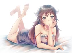 Rule 34 | 1girl, animal ears, arknights, bad feet, bare arms, bare legs, bare shoulders, barefoot, bed sheet, blush, brown hair, chemise, collarbone, commentary request, dress, artistic error, eyjafjalla (arknights), hand up, head rest, highres, horns, long hair, looking at viewer, lying, nenechi, on stomach, pink eyes, purple dress, sheep ears, sheep horns, short dress, simple background, solo, spaghetti strap, strap slip, the pose, white background, wrong foot