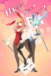 Rule 34 | 2girls, aile (crossroads), animal ears, bad id, bad pixiv id, bow, bowtie, character request, fake animal ears, high heels, highres, holding, holding sign, multiple girls, necktie, new year, original, pantyhose, placard, playboy bunny, rabbit ears, shoes, sign
