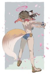 Rule 34 | 1girl, animal ears, ass, back, bare back, bare shoulders, bikini, blue archive, border, bracelet, breasts, brown hair, cherry blossoms, denim, denim shorts, exocet (exocet4), fox ears, fox girl, fox tail, from behind, full body, gladiator sandals, grey background, hair ornament, halo, halter top bikini, highleg, highleg bikini, highleg bikini bottom, highres, izuna (blue archive), izuna (swimsuit) (blue archive), jewelry, legs apart, medium breasts, micro shorts, muscular, muscular female, outside border, outstretched arms, petals, pink halo, pom pom (clothes), pom pom hair ornament, red scarf, sandals, scarf, short hair, short shorts, shorts, solo, striped bikini, striped clothes, swimsuit, tail, toned, torn clothes, torn shorts, white border