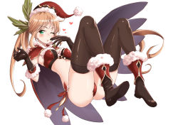 Rule 34 | 10s, 1girl, ;o, bikini, black gloves, black thighhighs, blonde hair, bobblehat, boots, breasts, brown footwear, cape, christmas, clarisse (granblue fantasy), elbow gloves, full body, fur-trimmed boots, fur boots, fur trim, fuyuzora, gloves, granblue fantasy, green eyes, hair ornament, hand to own mouth, hat, heart, long hair, looking at viewer, one eye closed, ponytail, red bikini, red cape, santa hat, simple background, small breasts, solo, swimsuit, thighhighs, thighs, white background, zorane