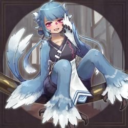 Rule 34 | 1girl, :d, animal ears, blue hair, ear piercing, full body, hand up, harpy, highres, libra fasta flow, low twintails, monster girl, nekotsuki, open mouth, piercing, pink eyes, pixiv fantasia, pixiv fantasia scepter of zeraldia, sitting, smile, solo, twintails, wings