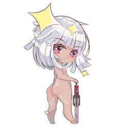 Rule 34 | 10s, 1girl, altera (fate), ass, bad id, bad pixiv id, barefoot, blunt bangs, blush, breasts, cer (cerber), chibi, dark-skinned female, dark skin, fate/extella, fate/extra, fate (series), full-body tattoo, hand on hilt, looking at viewer, looking back, lowres, nude, parted lips, photon ray (fate), red eyes, silver hair, small breasts, solo, sparkle, tattoo
