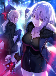 Rule 34 | 2girls, artoria pendragon (all), artoria pendragon (fate), black dress, black jacket, black ribbon, black shorts, blonde hair, blue coat, breasts, building, closed mouth, coat, collarbone, commentary request, dress, excalibur morgan (fate), expressionless, fate/grand order, fate (series), fur-trimmed coat, fur trim, fuyuki (neigedhiver), highres, holding, holding sword, holding weapon, jacket, jeanne d&#039;arc alter (fate), jeanne d&#039;arc alter (ver. shinjuku 1999) (fate), jewelry, large breasts, long hair, long sleeves, looking at viewer, medium breasts, multiple girls, necklace, night, open mouth, ponytail, profile, ribbon, saber alter, saber alter (ver. shinjuku 1999) (fate), short hair, shorts, sitting, smile, sword, weapon, white hair, yellow eyes