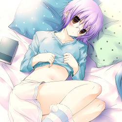 Rule 34 | 1girl, brown eyes, clothes lift, glasses, lying, nagato yuki, purple hair, shirt lift, short hair, solo, suzumiya haruhi no yuuutsu, vanilla (artist), vanilla (nicolla)