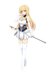 Rule 34 | 1girl, armor, blonde hair, boots, breastplate, breasts, elbow gloves, gloves, highres, hip vent, knight, large breasts, long hair, nehani (tworship), original, pleated skirt, red eyes, simple background, skirt, solo, sword, thigh boots, thighhighs, weapon, white background, white gloves, white thighhighs, zettai ryouiki