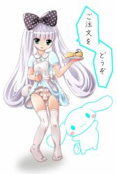 Rule 34 | 1boy, apron, bow, bulge, cinnamoroll, clothes lift, crossdressing, dog, dress, dress lift, green eyes, hair bow, highres, long hair, male focus, open mouth, panties, pastel (artist), personification, plate, sanrio, simple background, skirt, skirt lift, smile, solo, standing, thighhighs, trap, twintails, underwear, uniform, waitress, white background, white thighhighs