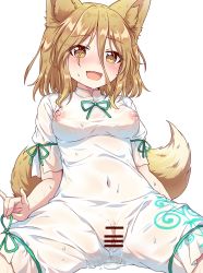 Rule 34 | 1girl, :d, animal ear fluff, animal ears, bar censor, blush, breasts, brown eyes, censored, commentary, covered erect nipples, fang, fox ears, fox tail, hair between eyes, highres, kaoling, kudamaki tsukasa, light brown hair, medium breasts, nipples, nose blush, open mouth, pussy, pussy juice, short hair, simple background, sitting, smile, solo, spread legs, symbol-only commentary, tail, touhou, white background