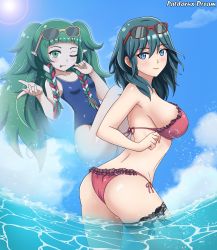 Rule 34 | 2girls, absurdres, artist name, bikini, blue eyes, blue hair, blue sky, braid, breasts, byleth (female) (fire emblem), byleth (fire emblem), closed mouth, cloud, day, eyewear on head, fire emblem, fire emblem: three houses, green eyes, green hair, highres, large breasts, long hair, medium hair, multiple girls, nintendo, one-piece swimsuit, one eye closed, outdoors, patdarux, pointy ears, ribbon braid, sideboob, sky, smile, sothis (fire emblem), string bikini, sunglasses, swimsuit, twin braids, wading, water