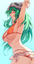 Rule 34 | 1girl, absurdres, armpits, bikini, bleach, breasts, cleavage, cowboy shot, facial mark, green eyes, green hair, has bad revision, has downscaled revision, highres, horns, large breasts, long hair, looking at viewer, md5 mismatch, nelliel tu odelschwanck, onimoti, orange bikini, parted lips, resolution mismatch, sarong, sideboob, simple background, skull, skull on head, slips, smile, solo, source smaller, swimsuit, teeth, underboob