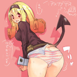Rule 34 | 1girl, ass, blonde hair, butt crack, character request, chibi, chibi inset, demon tail, gradient hair, hairband, long hair, multicolored hair, orange hair, panties, pink background, red eyes, striped clothes, striped panties, sweat, sweatdrop, tail, takayama toshinori, translation request, underwear, wrist cuffs