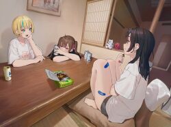 Rule 34 | 3girls, aqua eyes, aqua hair, bandaid, bandaid on leg, barefoot, black hair, blonde hair, blush, brown hair, can, chocolate, commentary, cushion, daluto (hitomi555), earrings, eating, english commentary, highres, indoors, jewelry, long hair, looking at another, multicolored hair, multiple girls, original, pink eyes, pink hair, shirt, sitting, smile, streaked hair, stuffed toy, t-shirt, twintails, two-tone hair, zabuton