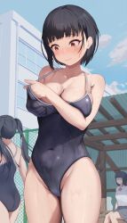 Rule 34 | 3girls, black hair, blunt bangs, blush, breast lift, breasts, cameltoe, from behind, highleg, highleg swimsuit, highres, large breasts, multiple girls, one-piece swimsuit, original, poolside, red eyes, school swimsuit, school uniform, short hair, swimsuit, twintails, umidariku, undersized clothes, wavy mouth
