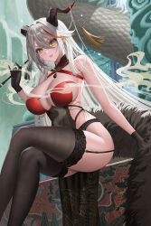 Rule 34 | absurdres, aegir (azur lane), aegir (golden dragon among auspicious clouds) (azur lane), azur lane, bare arms, bare shoulders, black gloves, black thighhighs, blush, crossed legs, feet out of frame, gloves, grey hair, hair between eyes, highres, holding, holding smoking pipe, horn ornament, horns, long hair, looking at viewer, official alternate costume, parted lips, pelvic curtain, sitting, smile, smoking pipe, theblu3jay, thighhighs, thighs, yellow eyes