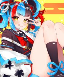 Rule 34 | 1girl, absurdres, bad id, bad pixiv id, black hair, black nails, black shirt, black socks, blue hair, commentary request, fate/grand order, fate (series), hair ornament, hairclip, highres, ishida umi, jacket, kneehighs, long hair, looking at viewer, multicolored hair, nail polish, red hair, sailor collar, sei shounagon (fate), shirt, smile, socks, solo, sparkle, thighs, tongue, tongue out, twintails, white jacket, yellow eyes