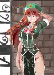 Rule 34 | 1girl, alternate costume, arm at side, arm behind head, bare legs, blue eyes, braid, breasts, brick wall, cosplay, entrance, faux traditional media, grin, hair ribbon, hat, hong meiling, kantai collection, large breasts, long hair, looking at viewer, nyuu (manekin-eko), outdoors, red hair, ribbon, side slit, smile, solo, standing, star (symbol), tone (kancolle), tone (kantai collection) (cosplay), touhou, tress ribbon, twin braids, wide hips, wince