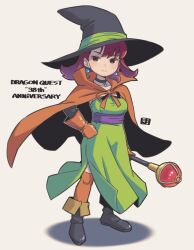 Rule 34 | 1girl, anniversary, black footwear, black hat, boots, breasts, brown cloak, brown eyes, brown gloves, brown hair, brown thighhighs, cloak, closed mouth, collarbone, commentary request, copyright name, dragon quest, dragon quest iii, dress, full body, gloves, green dress, grey background, hand on own hip, hat, holding, holding staff, long hair, looking at viewer, mage (dq3), mawaru (mawaru), medium breasts, orb, over-kneehighs, shadow, simple background, smile, solo, staff, standing, strapless, strapless dress, thighhighs, witch hat
