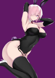 Rule 34 | 1girl, absurdres, animal ears, armpits, arms behind head, arms up, black leotard, black thighhighs, blush, breasts, closed mouth, commentary request, commission, covered navel, detached collar, elbow gloves, fake animal ears, fate/grand order, fate (series), garter straps, gloves, hair ornament, hair over one eye, high heels, highleg, highleg leotard, highres, leotard, looking at viewer, maruyaa (malya1006), mash kyrielight, medium breasts, pink hair, playboy bunny, purple background, purple eyes, rabbit ears, short hair, simple background, sitting, skeb commission, smile, solo, strapless, strapless leotard, thighhighs, white footwear