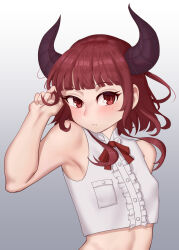 Rule 34 | 1girl, absurdres, armpits, blunt bangs, blush, commentary request, covered erect nipples, crop top, female focus, gradient background, hand in own hair, highres, horns, looking at viewer, masamika10086, medium hair, midriff, original, red eyes, red hair, simple background, solo, upper body, variant set